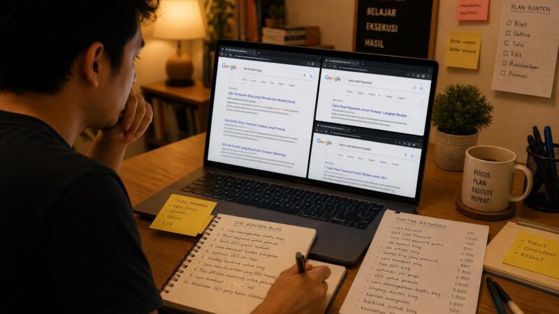 Penulis sedang meneliti search intent dari kata kunci di laptop